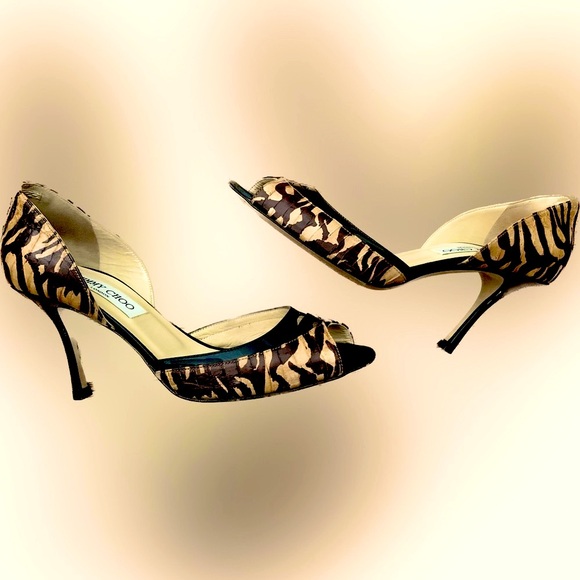 Jimmy Choo Black Browns Animal Print Heels Peep Toe Pumps Shoes 37.5 US 7 Fall - Picture 3 of 13